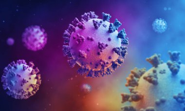 Renkli bir arkaplanda virüs modelinin çizimi. Coronavirüs enfeksiyonunun stilize edilmiş tıbbi çizimi COVID-19. 