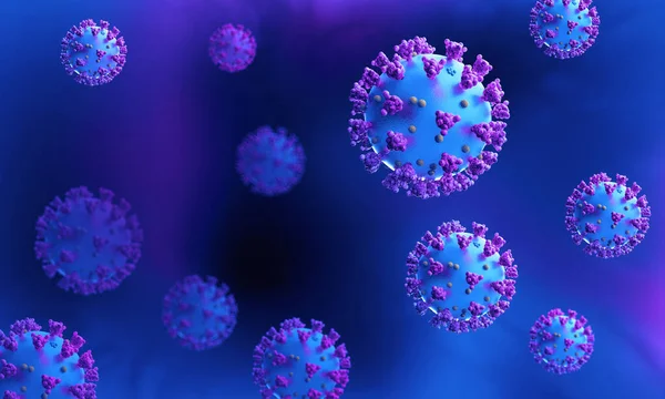Koyu mavi arka planda Coronavirus enfeksiyonu modeli. COVID-19 virüsünün stilize edilmiş tıbbi çizimi. Kopyalama alanı ile düzenName.