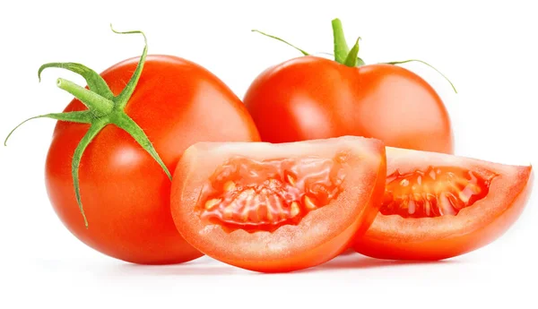 Mogna Tomater Och Skivor Isolerade Vitt — Stockfoto