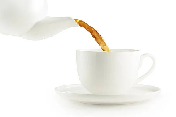 Porcelán Teáskanna Öntő Tea Egy Csésze Izolált Fehér Alapon — Stock Fotó
