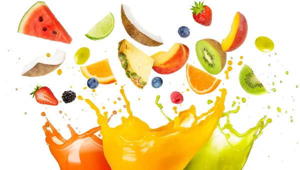 Frutas Mistas Caindo Sucos Coloridos Salpicando — Fotografia de Stock