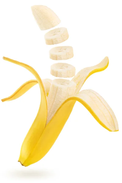 Banana Aberta Cortada Flutuando Isolada Fundo Branco — Fotografia de Stock