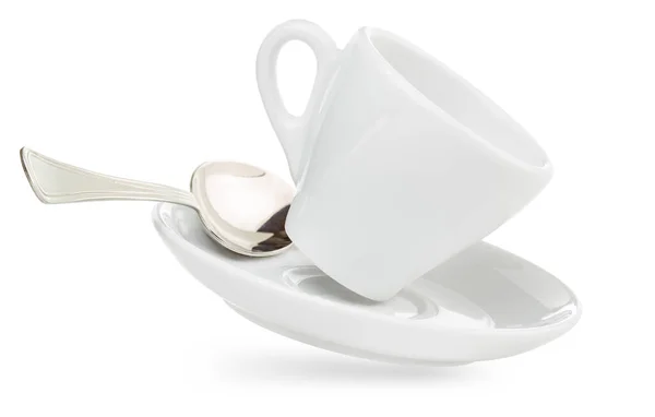 Фарфоровая Чашка Кофе Блюдце Ложкой Изолированы Белом — стоковое фото