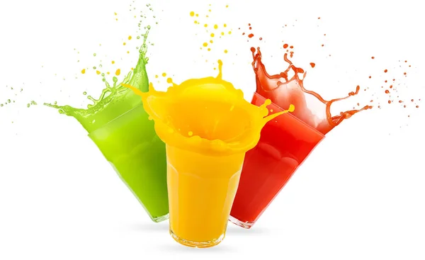 Three Glasses Juices Splashing Isolated White — Stock Photo, Image