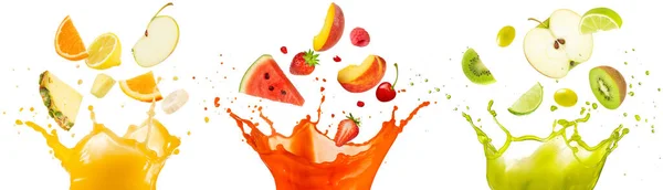 Mixed Fruit Falling Juices Splashing White Background — Stock Photo, Image