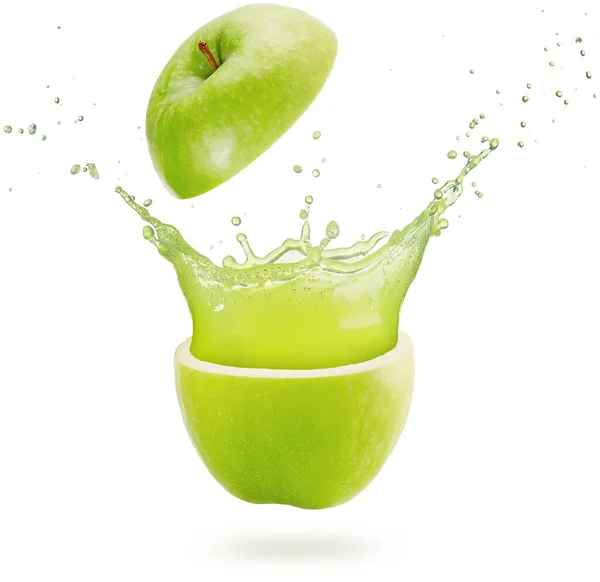 Свіжий Сік Виливається Зеленого Яблука Ізольовано Білому Фоні — стокове фото