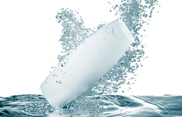 Shower Gel Bottle Bubbles Water Surface Isolated White Background — Stok Foto