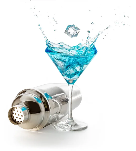 Steel Shaker Splashing Blue Martini Isolated White Background — Stock Photo, Image