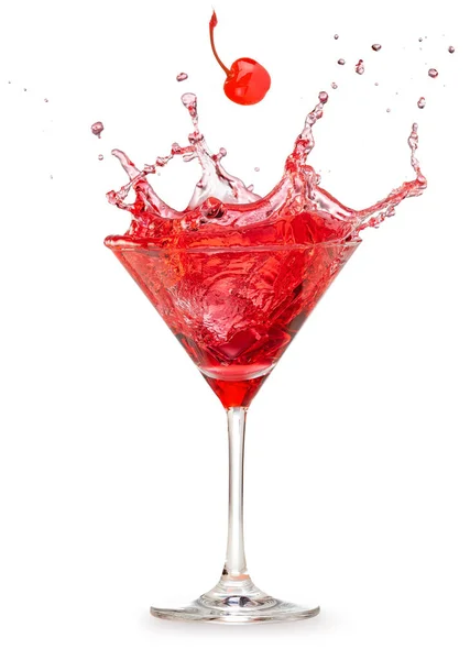 Cherry Falling Splashing Red Cocktail Isolated White — стоковое фото