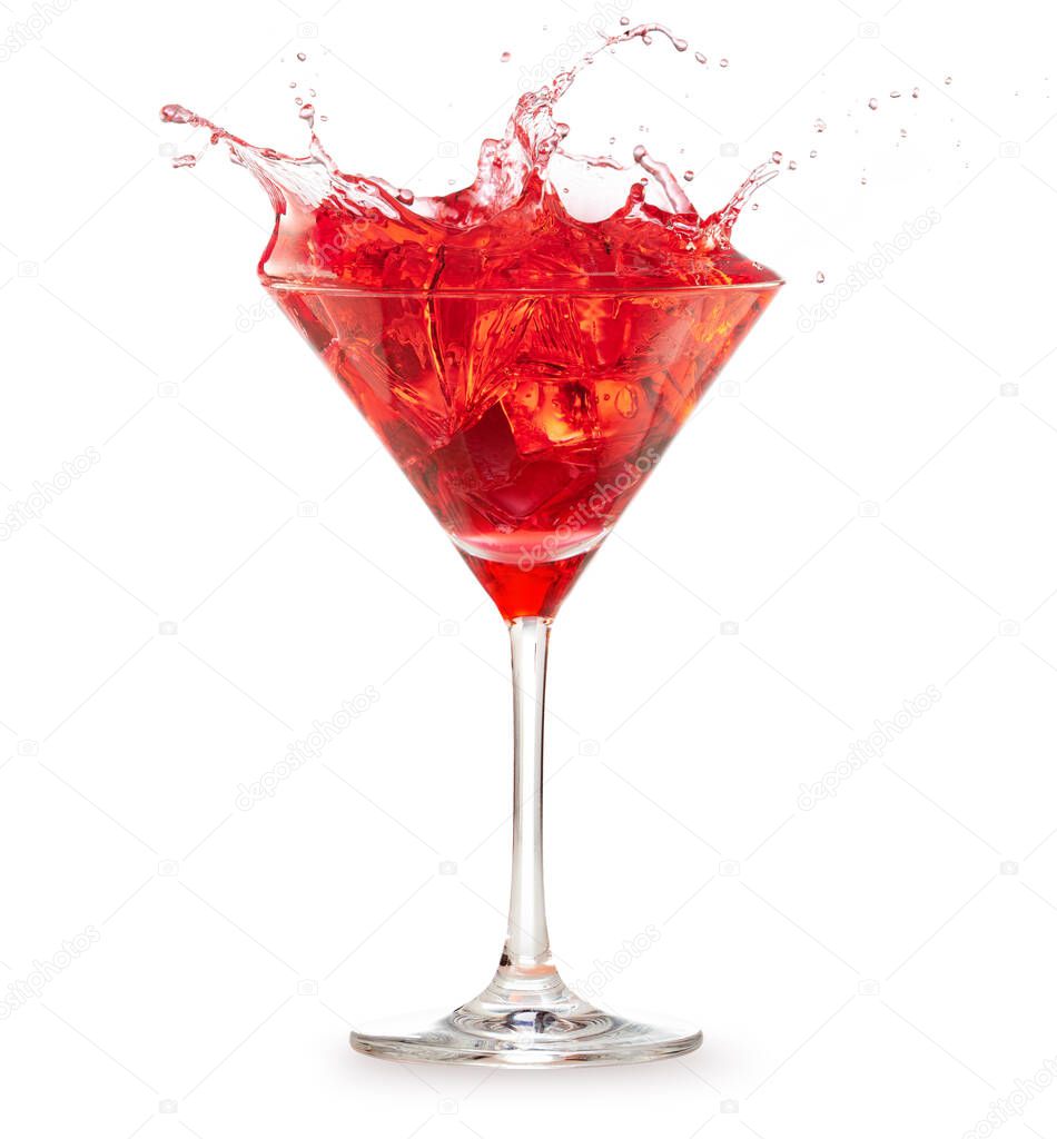 red cocktail splashing on white background