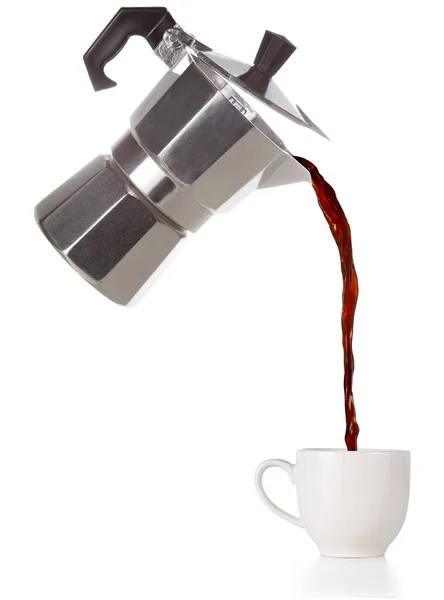 Egy Repülő Mokából Fehér Pohárba Öntött Kávé — Stock Fotó