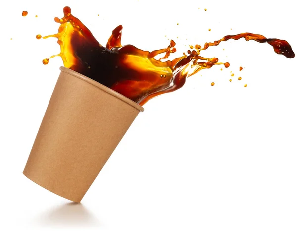 Coffee Splashing Out Take Out Cup Tilted White Background — Stock Photo, Image