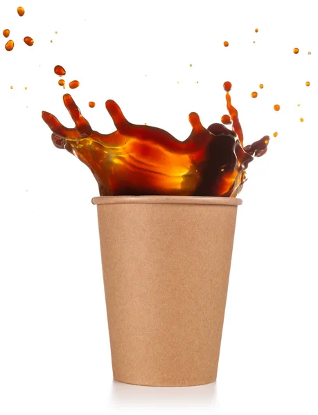 Coffee Splashing Out Disposable Cup Isolated White — Stock Photo, Image