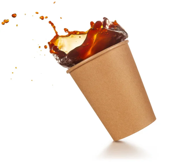 Coffee Splashing Out Disposable Cup Tilted White Background — Stock Photo, Image