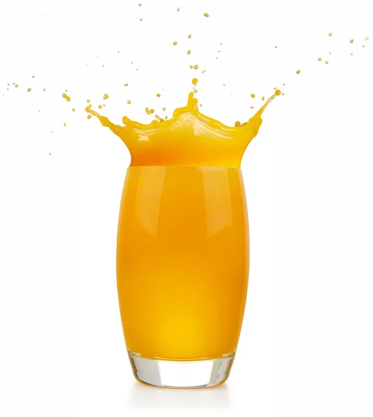 Glas Fullt Apelsinjuice Stänk Vit Bakgrund — Stockfoto