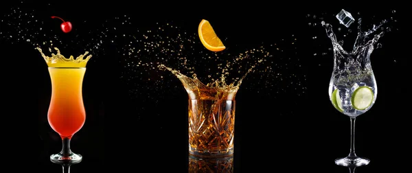 Set Ochelari Cocktail Stropirea Fundal Negru — Fotografie, imagine de stoc