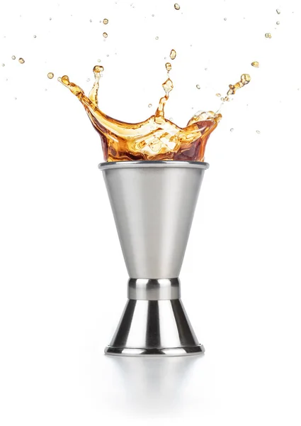 Brown Liquor Splashing Out Jigger Isolated White Background — Stock Photo, Image