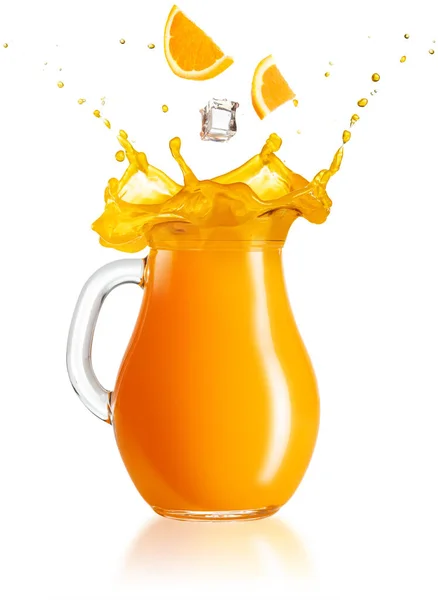 Slices Orange Ice Cube Falling Splashing Jug White Background — Stock Photo, Image