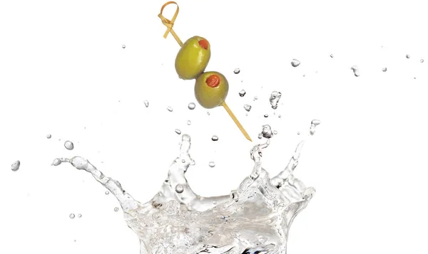 Olives Stuffed Pepper Cocktail Stick Falling Splashing Crown Isolated White Stock Picture