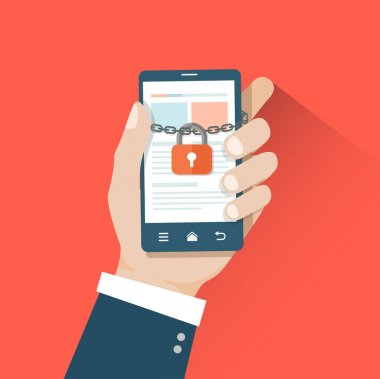 Düz illüstrasyon. Telefon kilidi ile üzerinde tutan el. Güvenlik 