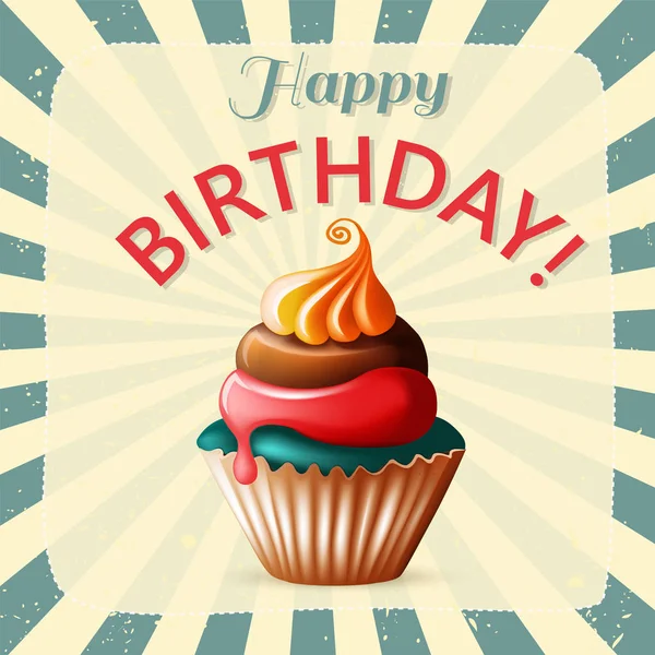 Cartão de aniversário com cupcake e texto —  Vetores de Stock
