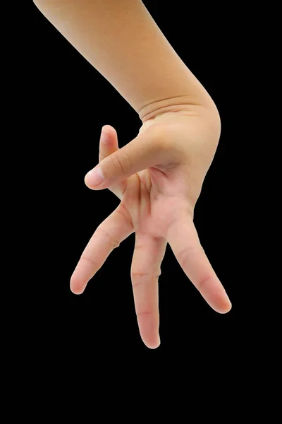 Hand of young girl with three finger isolated on black backgroun — Stock Photo, Image