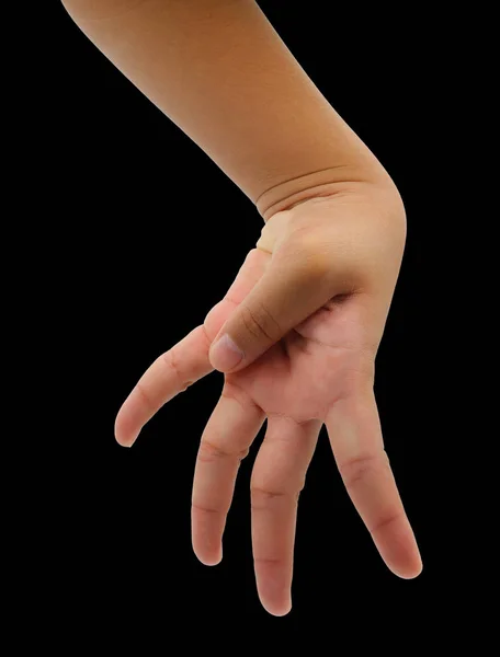 Hand of young girl with four finger isolated on black background — Stock Photo, Image