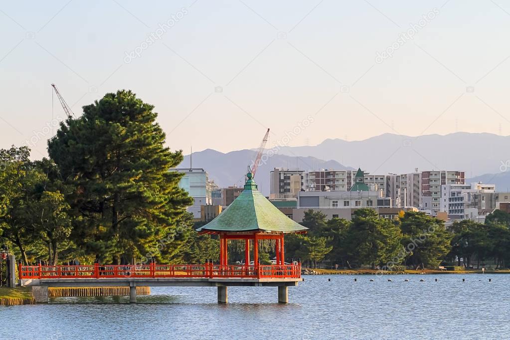 The eight-sided tower jutting out into the pond at Fukuoka Ohori