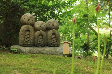 Bebek Budha 'ların küçük heykelleri H' de taze yeşille çevrili.
