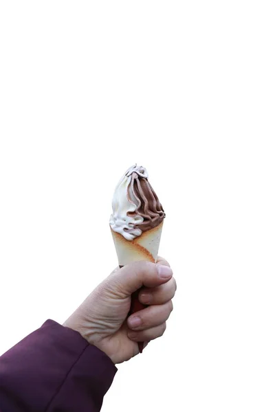 Crème glacée à la main isolé sur fond blanc. Il y avait des coupures. — Photo