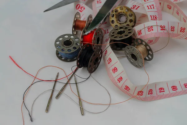 Sewing Equipment Tape Measure Thread Scissors — Stock Photo, Image