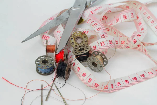 Sewing Equipment Tape Measure Thread Scissors — Stock Photo, Image