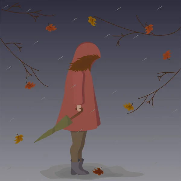 悲伤的姑娘站在秋雨中 — 图库照片#