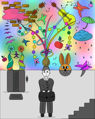 Creative inner world of person. The contrast of dullness and creativity. clipart