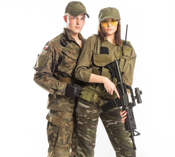 남자와 여자 군인의 양복에 흰색 배경. — 스톡 사진