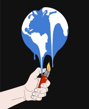 Eriyen toprakla çizilmiş vektör el resmi. İnsan elleri Dünya 'nın altında bir çakmak tutuyor. Görüntü siyah arkaplanda izole edildi