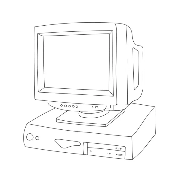Vektor handgezeichnete Linienillustration eines alten Computers isoliert auf weißem Hintergrund. Retro-PC. 80er-Jahre-Konzept — Stockvektor