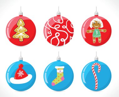 Noel topları bir desen çorap, şapka, kırmızı ve mavi renkle Noel ağacı üzerinde şeker, şeritler ve kız kum