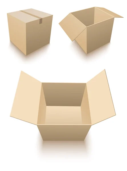 Три картонні коробки, що стоять на підлозі з тіні — стокове фото
