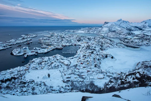 Vista Aérea Cidade Svolvaer Pequeno Porto Noruega Temporada Inverno Noruega — Fotografia de Stock