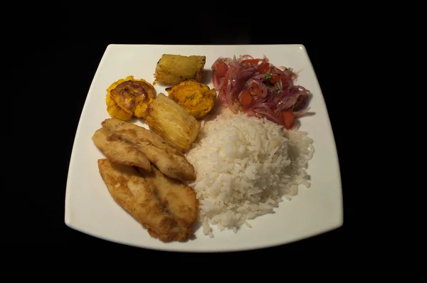 Délicieux Poisson Frit Avec Salade Riz Pour Déjeuner Famille Entre — Photo