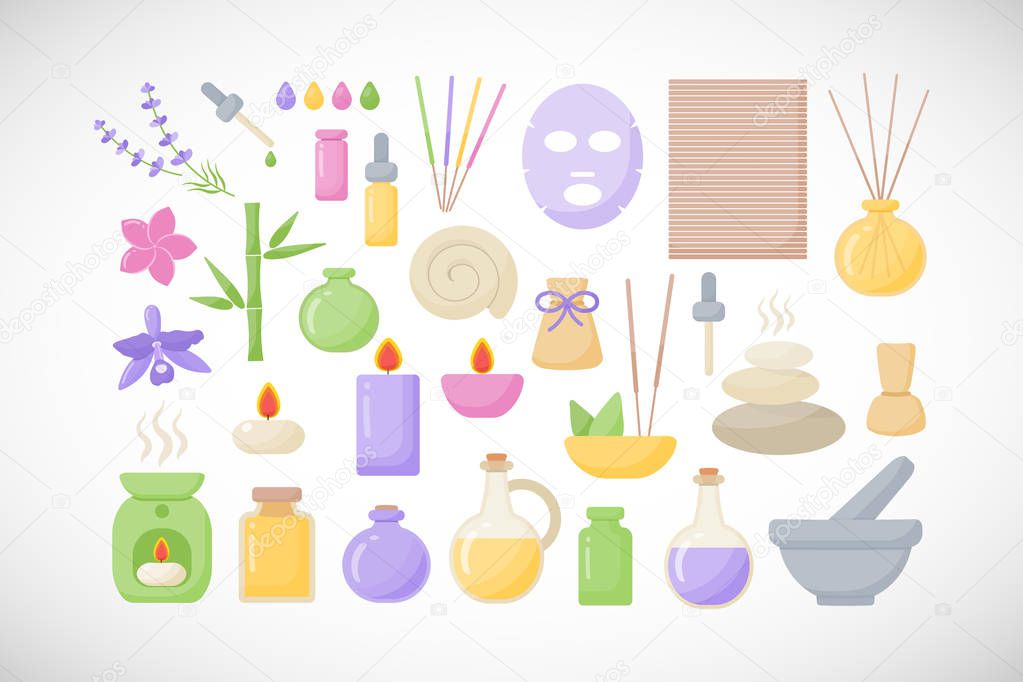 Spa and aromatherapy vector flat icons set