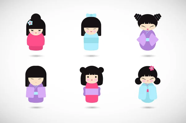 Muñecas Kokeshi vector icono plano conjunto — Vector de stock