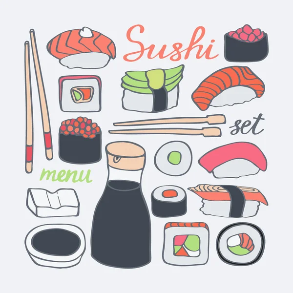 Conjunto de iconos de sushi doodle — Vector de stock