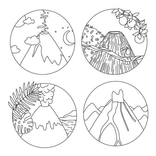 Coloring book page with volcanoes 