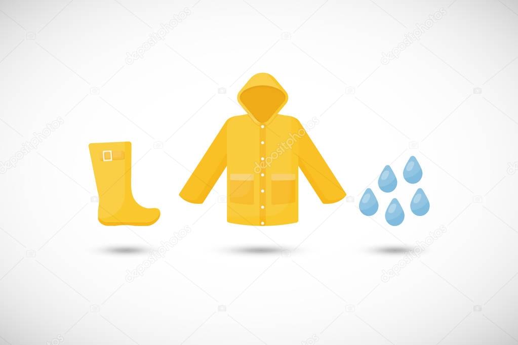 Raincoat, rainboots and rain drops vector flat icons set