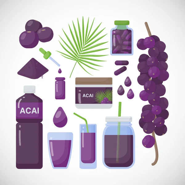 Acai bayas vector iconos planos conjunto — Vector de stock