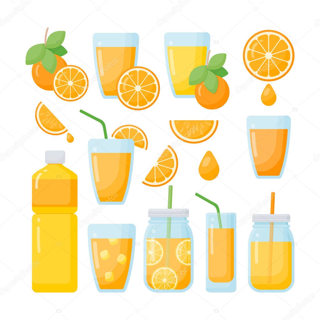 Orange juice vector flat icons set