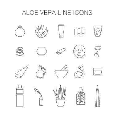Aloe vera bitki ve ürünleri ince çizgi Icon set