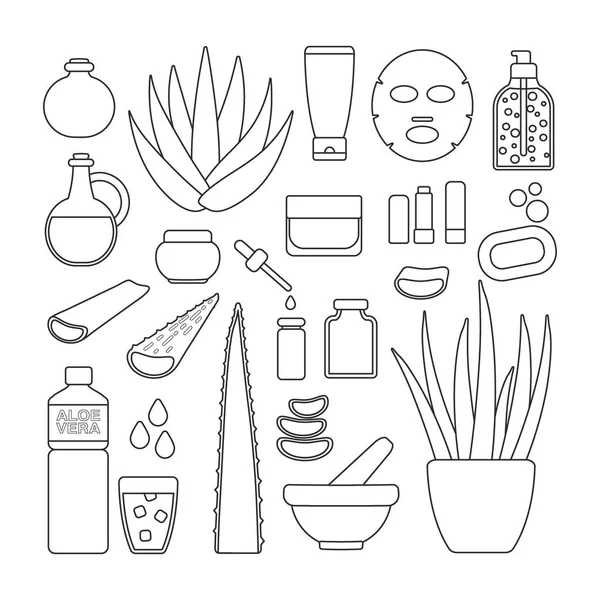 Ensemble d'icônes de ligne mince - plante et produits d'aloe vera — Image vectorielle